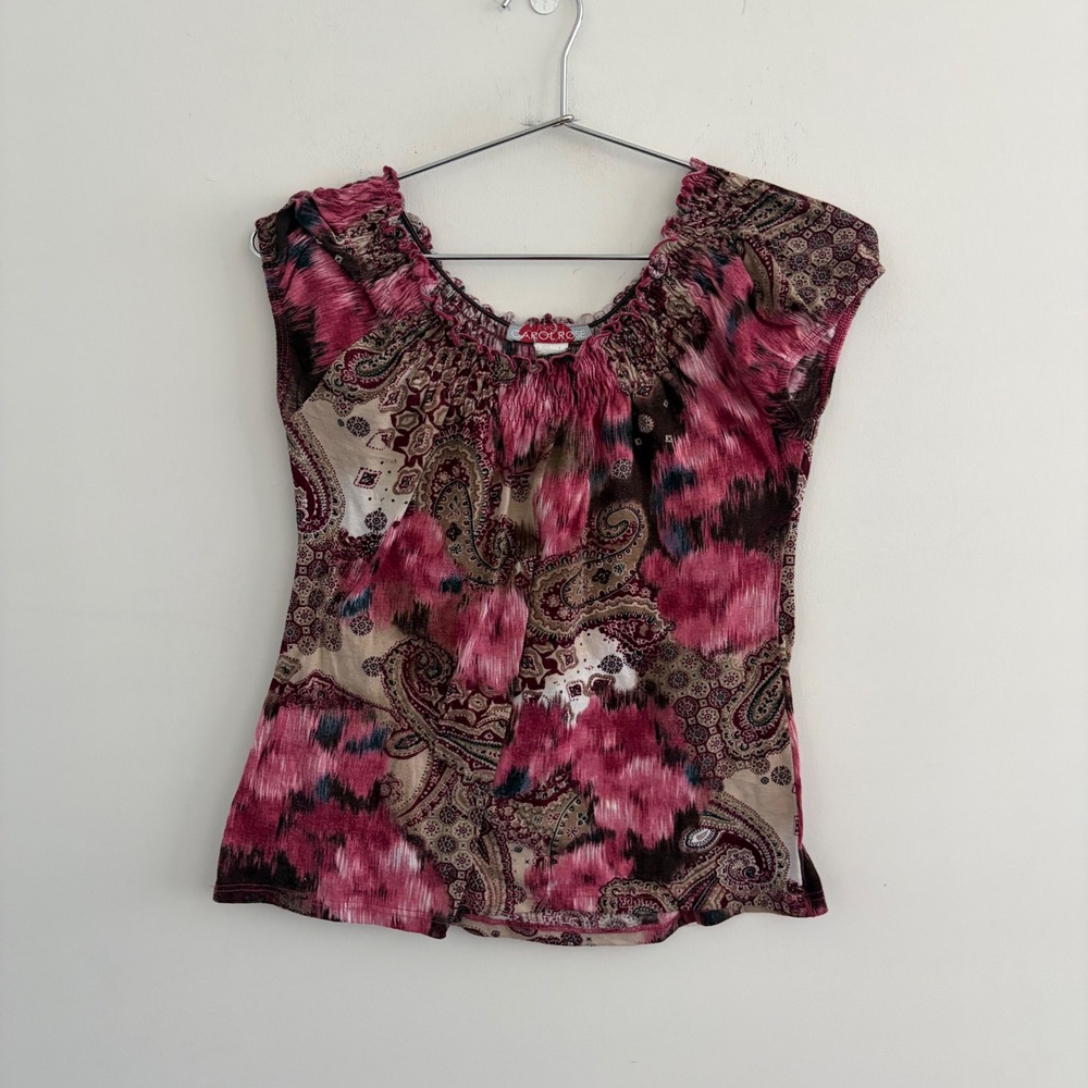 Carol Rose Women Pink Paisley Floral Short Sleeve Blouse Top Size L